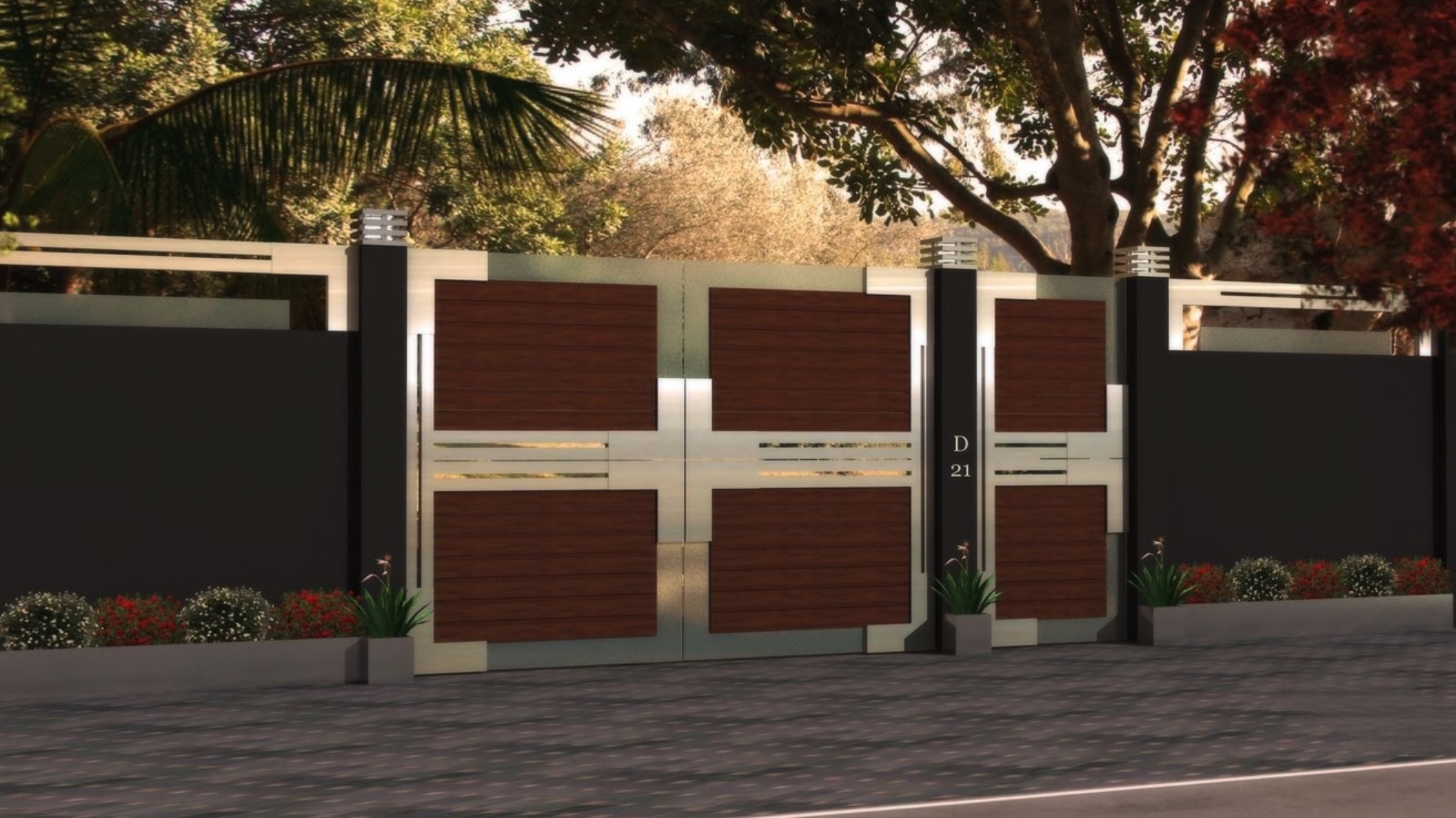 Portón decorativo con acero inoxidable y paneles efecto madera